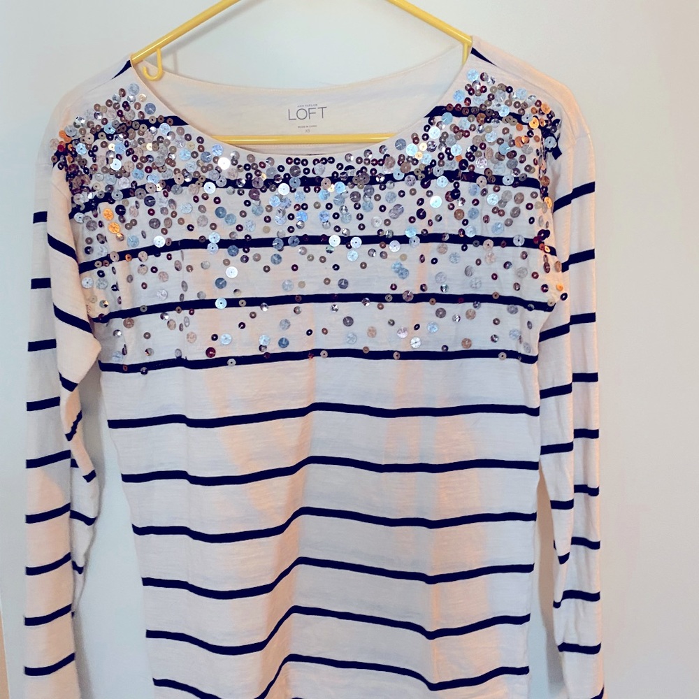 LOFT White/Blue Striped long-sleeved tee with sequins, | Size XS